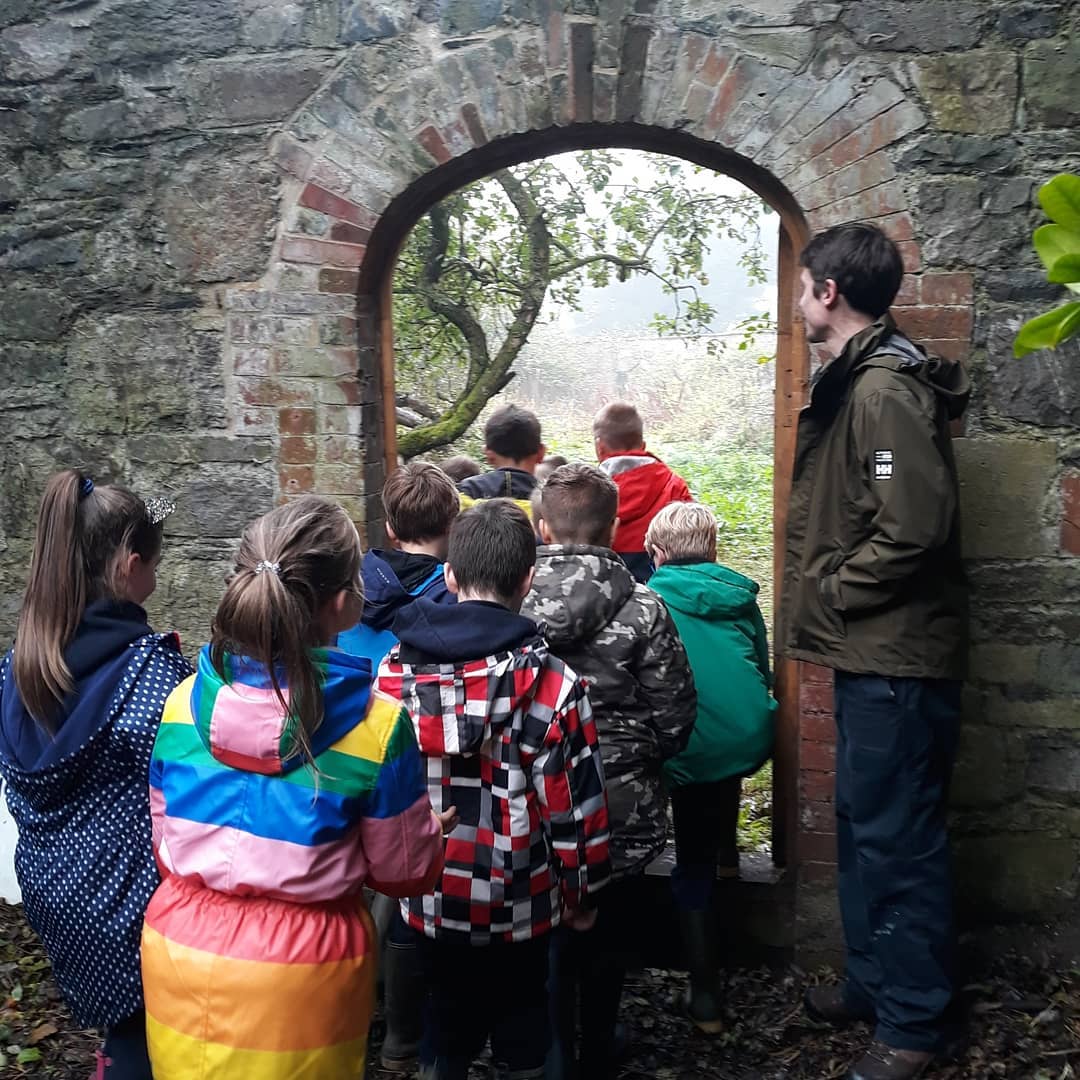  A group of children in colourful jackets and an adult stand by a stone archway, looking outside towards a misty garden or wooded area, with a tree branch visible through the opening. 